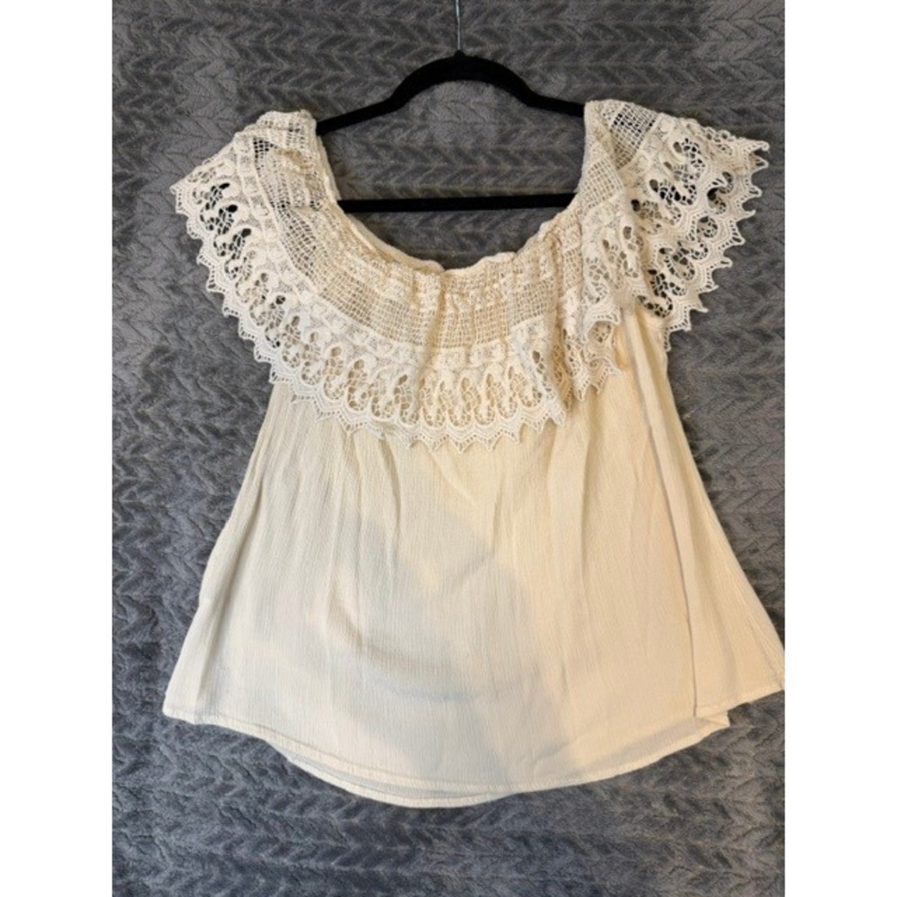 SJS Ivory Lace Trim Off Shoulder Boho Top Size Large Cream Crochet Ruffle 0173